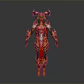 Mythical Female Warrior Character in Ornate Red and Gold Armor With Horns and Flame Details