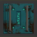 Turquoise Rusted Metal Box With Glowing Light Tube And Handles On Dark Reflective Surface