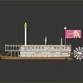Vintage Steamship With Decorative Deck Two White Chimneys Yellow Hull And Pink Flag