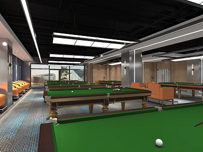 Billiard Room Interior Design With Green Felt Tables Orange Seating And Ceiling Lights 3d model