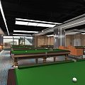 Billiard Room Interior Design With Green Felt Tables Orange Seating And Ceiling Lights