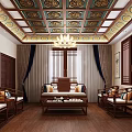 Traditional Chinese Leisure Area Interior With Wooden Furniture Bookshelves Chandelier And Tea Sets