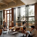 Warm Café Interior With Wooden Slat Walls Green Plants And Comfortable Seating