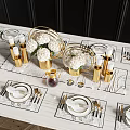 Elegant Dining Table Set With White Flower Bouquets Gold Decorative Items Tableware And Marble Placemats
