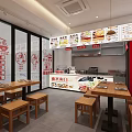 Modern Chinese Restaurant Interior With Wooden Tables Beverage Display Orange Wall And Menu Posters
