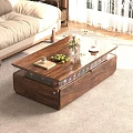 Walnut Wood Coffee Table With Glass Top Storage Drawers Green Apples Vase Coffee Cup