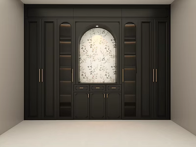 Restaurant Dark Wood Storage Cabinet With Arched Floral Panel And Gold Handles 3d model