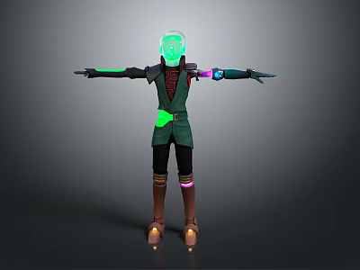 Futuristic Robot Character With Green Glowing Head And Mechanical Outfit 3d model