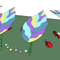 Colorful Umbrella Shaped Pergola On Green Grass With Red Ants Ladybugs And White Round Objects