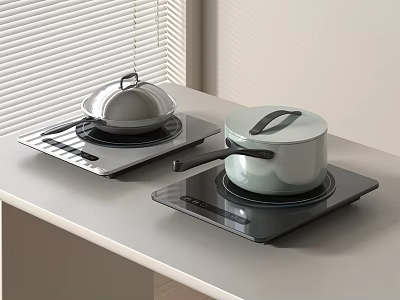 Kitchen Electric Cooktops with Covered Pots on Light Countertop and Window Blinds 3d model