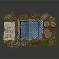 Rustic Storage Furniture With Wooden Crates Barrels And Blue Tent Near Stone Pile