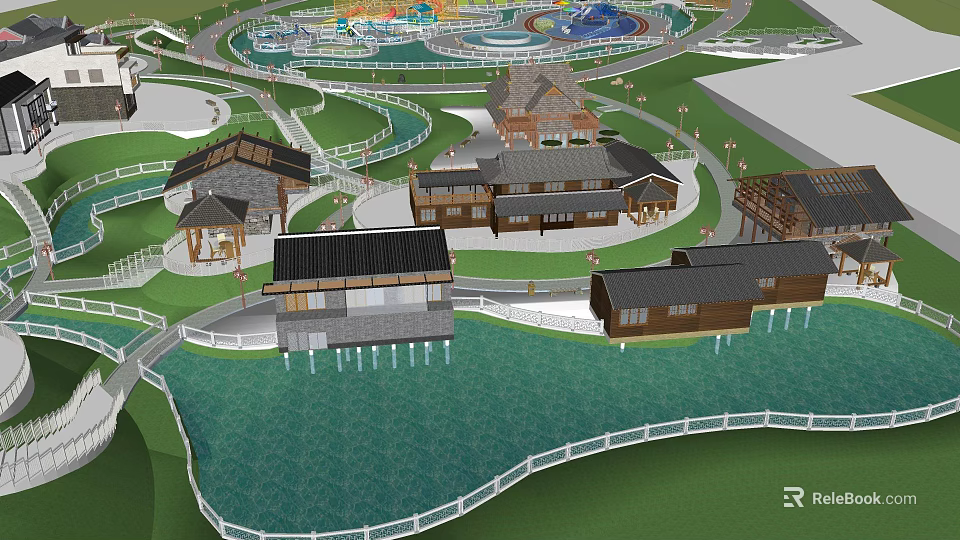 Scenic Park Landscape with Traditional Buildings Lakeside Paths and Green Lawns 3d model 