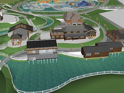 Scenic Park Landscape with Traditional Buildings Lakeside Paths and Green Lawns 3d model