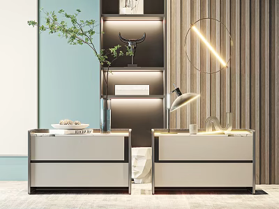 Modern Pair Of Bedside Tables With Drawers Green Plant Decorative Lamp And Bookshelf Art 3d model