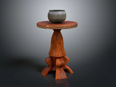 Rustic Wooden Pedestal Side Table With Gray Pottery Jar And Carved Base 3d model