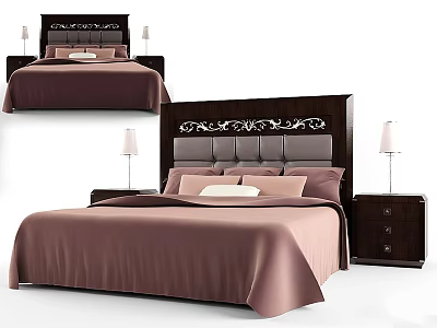 Elegant Double Bed With Decorative Headboard Multiple Pillows And Nightstand Lamps 3d model