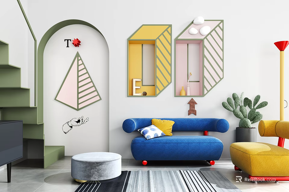 Modern Colorful Sofa Coffee Table Set With Geometric Wall Decor And Accent Chair 3d model 