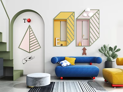 Modern Colorful Sofa Coffee Table Set With Geometric Wall Decor And Accent Chair 3d model