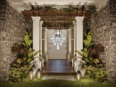 Elevator Lobby With Stone Walls White Columns Lush Green Plants Chandelier And Lanterns 3d model