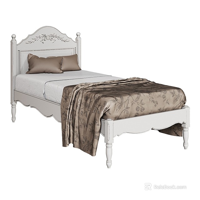 Single Bed with White Frame Carved Headboard Two Brown Pillows and Patterned Brown Blanket 3d model 