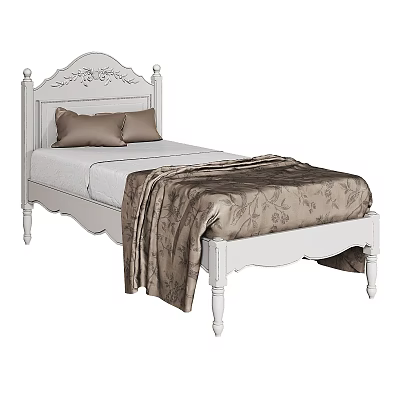 Single Bed with White Frame Carved Headboard Two Brown Pillows and Patterned Brown Blanket 3d model