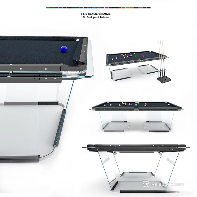 Modern Black Glass Entertainment Billiard Table Design With Sleek Surface And Metal Legs 3d model 