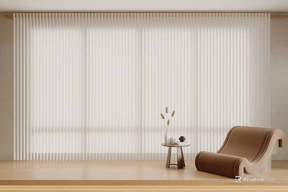 White Venetian Blinds In Modern Living Room With Brown Armchair Side Table And Decor 3d model 