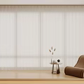 White Venetian Blinds In Modern Living Room With Brown Armchair Side Table And Decor