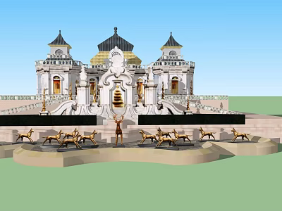 European Style Garden Landscape With Classical Architecture Towers And Golden Deer Statues 3d model