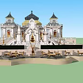 European Style Garden Landscape With Classical Architecture Towers And Golden Deer Statues