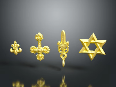 Golden Decorative Sculpture Carvings Featuring Fleur de Lis Cross Sword and Star Shapes 3d model