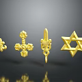 Golden Decorative Sculpture Carvings Featuring Fleur de Lis Cross Sword and Star Shapes
