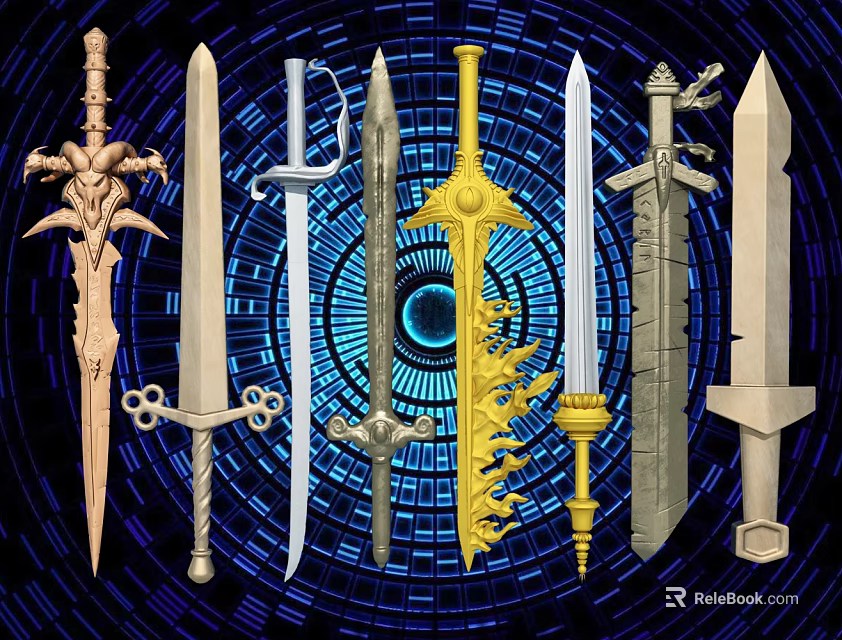 Various Decorative Swords With Distinct Designs On Blue Circular Background 3d model 