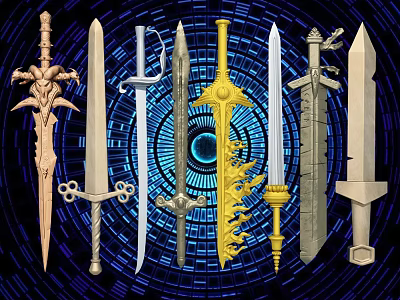 Various Decorative Swords With Distinct Designs On Blue Circular Background 3d model