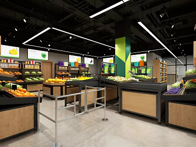 Supermarket Grocery Store With Fresh Fruit Displays And Neat Shelf Section 3d model
