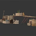 Decorative Bonsai Potted Plants Arranged On Rustic Wooden Table With Baskets And Barrels