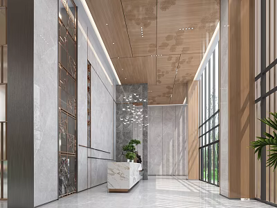 Modern Shop Front Desk With Marble Walls Wooden Ceiling Chandelier Green Plants And Large Windows 3d model