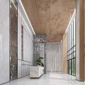 Modern Shop Front Desk With Marble Walls Wooden Ceiling Chandelier Green Plants And Large Windows