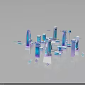 Futuristic Modern City Buildings 3D Model Featuring Blue Purple Lighting Effects