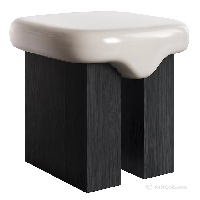 Modern Stool With White Curved Seat And Dark Wooden Legs Design 3d model 