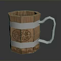 Wooden Mug With Silver Metal Bands Yellow Floral Pattern And Sturdy Handle
