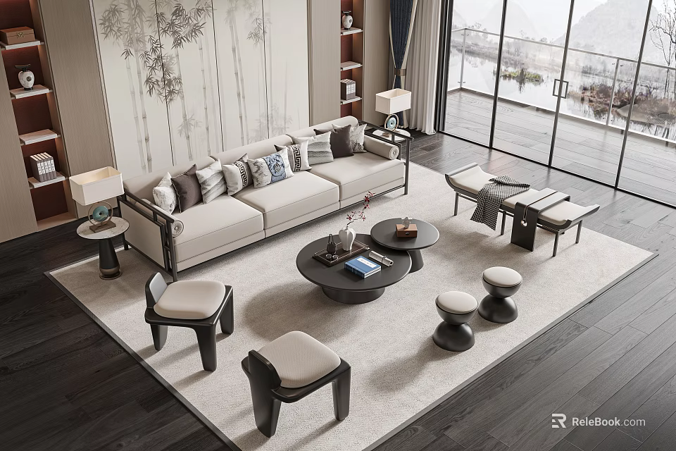 Modern Beige Sofa and Round Coffee Table Set with Cushions Stools and Windows 3d model