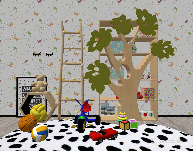 Tree Shaped Decorative Cabinet in Playroom with Children Toys Balls Car and Blocks 3d model 