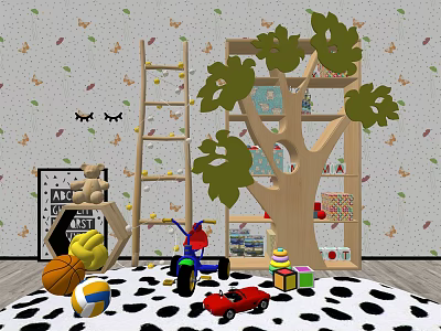 Tree Shaped Decorative Cabinet in Playroom with Children Toys Balls Car and Blocks 3d model