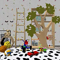 Tree Shaped Decorative Cabinet in Playroom with Children Toys Balls Car and Blocks