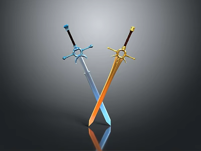 Crossed Swords Featuring Blue Gold Hilts And Orange Blue Blades With Reflection 3d model