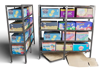 Metal Storage Racks Filled With Assorted Snack Boxes And Open Cartons On Floor 3d model