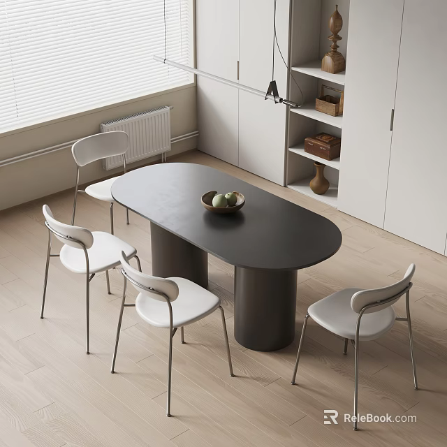 Modern Dining Table Set With Black Oval Table Cylindrical Legs And White Chairs 3d model 