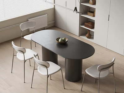 Modern Dining Table Set With Black Oval Table Cylindrical Legs And White Chairs 3d model