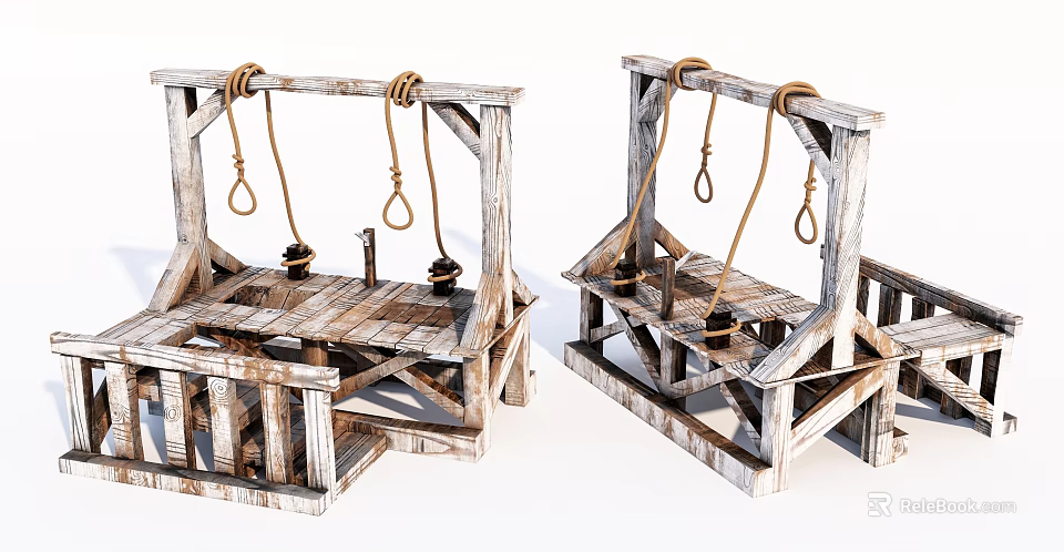 Two Medieval Wooden Gallows Weapon Featuring Hanging Ropes and Wooden Frame 3d model 